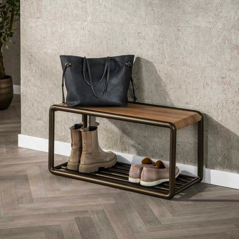Banc à chaussures effet bois et métal cuivré HELSINKI