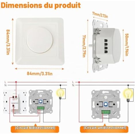 Variateur de Lumiere LED 5-200W, Interrupteur Variateur Dimmable LED, variateur d'intensité 230 V pour led/halogène à intensité variable, variateur rotatif avec plaque de recouvrement blanche (1/4)
