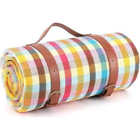 Coperta da Picnic extra-larga, 200 cm x 200 cm, impermeabile e pieghevole con cinghie di trasporto, ideale per la spiaggia, il campeggio e giardino - colori a strisce. (1/5)