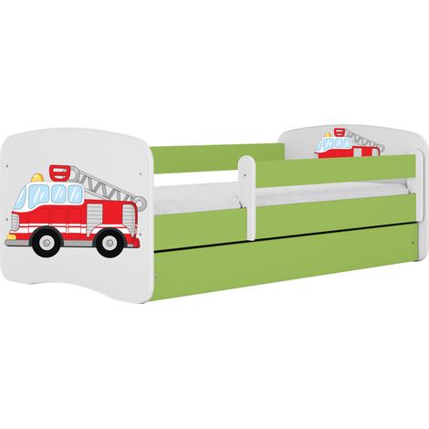 Kinderbett 70 × 140 cm mit Schublade und Rausfallschutz, mit Matratze, grün Motiv Feuerwehrauto (1/5)