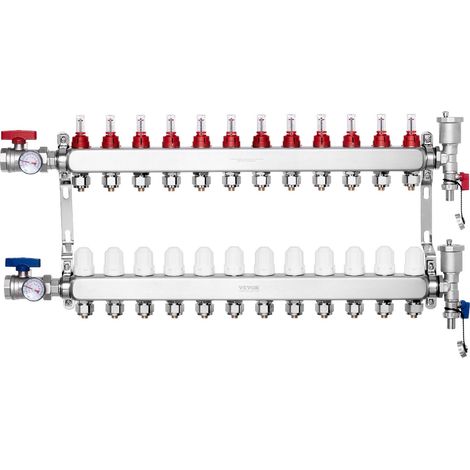 Collecteur de Chauffage Radiant 12 Branches, Kit Collecteur Tubes PEX 1,27 cm en Acier Inoxydable, avec Adaptateurs 1,27 cm, Accessoires de Montage, pour Chaleur Radiante Hydronique par le Sol (1/5)