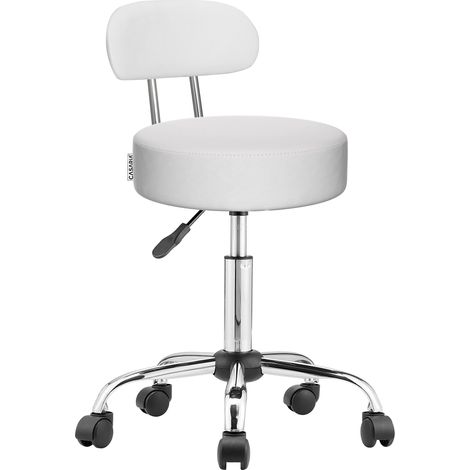 CASARIA® Tabouret à roulettes avec dossier confortable pivotable 360° réglable en hauteur avec repose-pieds bureau-Blanc