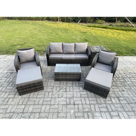 Fimous 7 places Salon de jardin avec Table basse rectangulaire 2 Grand tabourets Canapé 3 places Table d'appoint Gris foncé mixte (1/5)