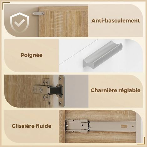 Buffet de cuisine haut, meuble de cuisine à 6 portes, tiroir et compartiments ouverts, dimensions 120 x 40 x 175 cm, blanc aspect bois naturel (1/5)