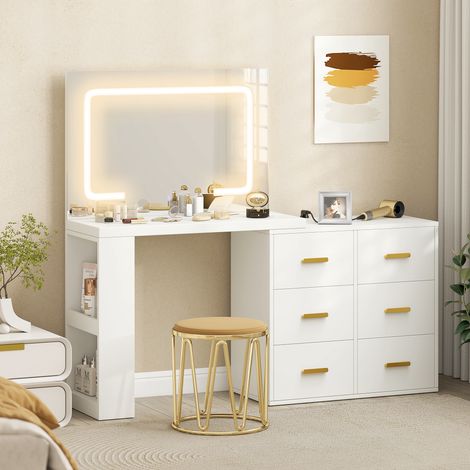 Tocador de dormitorio con espejo y luces LED ajustables, 6 cajones, 2 estantes y enchufes eléctricos, color blanco. (1/5)