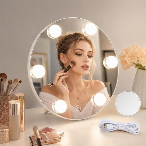 Miroir Coiffeuse LED de Maquillage avec 6 Lumières, Grossissant x10, Hollywood pour Salle de Bain, Bureau - Réglable (1/5)