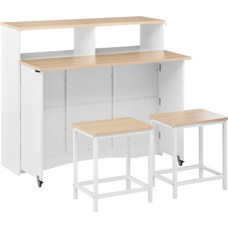 Isla de cocina con ruedas extensible con 2 taburetes, MDF blanco, 110 x 34-68 x 97,5 cm (1/5)