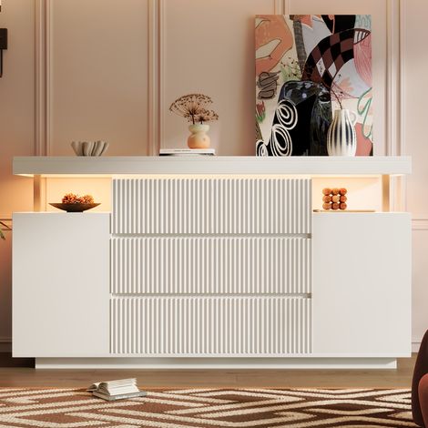 Buffet LED moderne 150x40x78cm avec 6 tiroirs et 2 portes,façades rainurées,commode effet flottant,Bois,blanc (1/5)