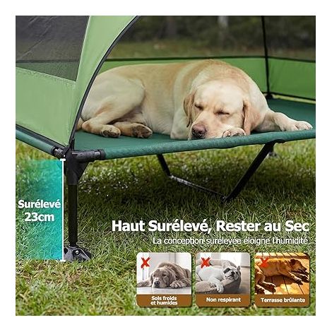 Panier pour Chien Surélevé avec Toit, Pliable avec Pieds Antidérapants, Tente d'extérieur avec Grande Ombre, Lit Rafraîchissant pour Chien, pour Camping, Jardin, Plage et Piscine (Vert, XL) (1/4)