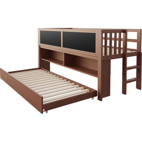 Cama infantil 90 x 200 cm con cama nido, pizarra, estantes abiertos y escalera, marrón (1/5)