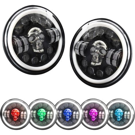 Runder 7-Zoll-LED-Scheinwerfer in Totenkopfform mit Fern- und Abblendlicht, Blinker und Tagfahrlicht. (1/5)