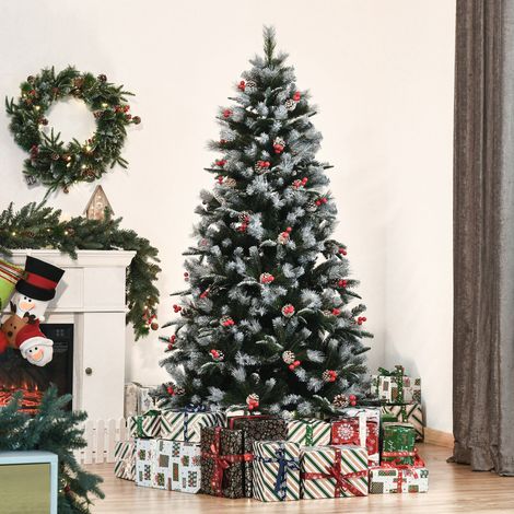 Sapin de Noël enneigé 180 cm avec baies rouges et pommes de pin blanches - 678 branches - base pliante amovible - vert