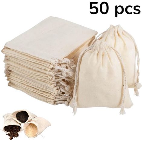 50 Bolsas Lino Cordón, algodón cordón, lino, tela natural cordón, Blanco, algodón, Bolsas algodón reutilizables cordón, Bolsas algodón cordón (1/5)