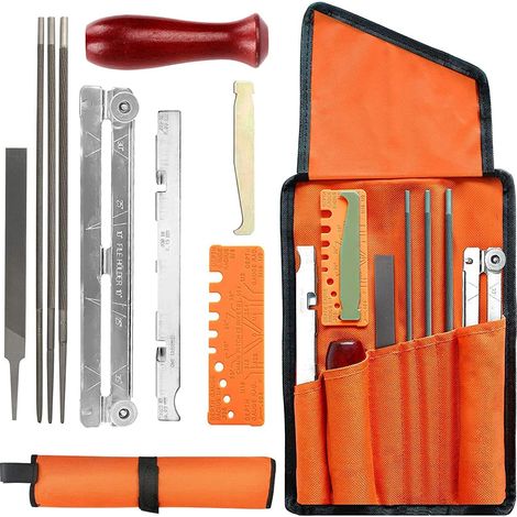 Kettensägen-Schärffeilen-Set mit 10 Teilen, inklusive Rundfeile, Schärfhilfen und Tiefenmesser. Flach verpackt mit Stoffbeutel. (1/5)