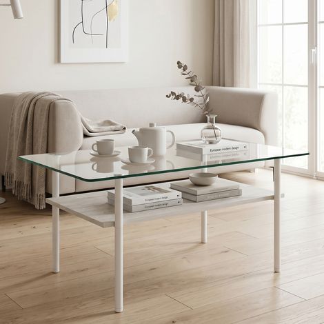 Table basse rectangulaire en verre avec rangement MDF, structure métal blanc, 98 cm (1/5)