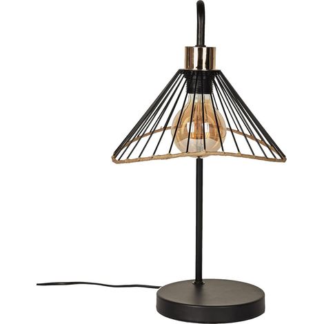 Lampe à Poser Noire Abat-Jour Filaire Finition Rotin (1/4)