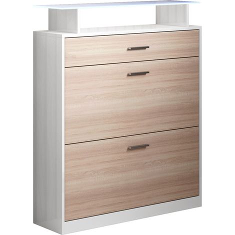 Recibidor  Zapatero  Mueble de Entrada  Mesa de Entrada  Consola  Con luces LED  Modelo Paola  Sonoma Mate y Blanco Brillo