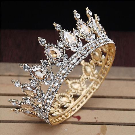 Vintage königliche Kristalltiara und Krone, königlicher Stil, für Schönheitswettbewerbe, Abschlussball und Hochzeit, Haarschmuck, Gold und Weiß. (1/5)