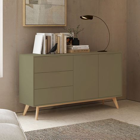 Buffet 2 portes 3 tiroirs 140x40x81 cm en pin kaki - KLIMEA (1/5)