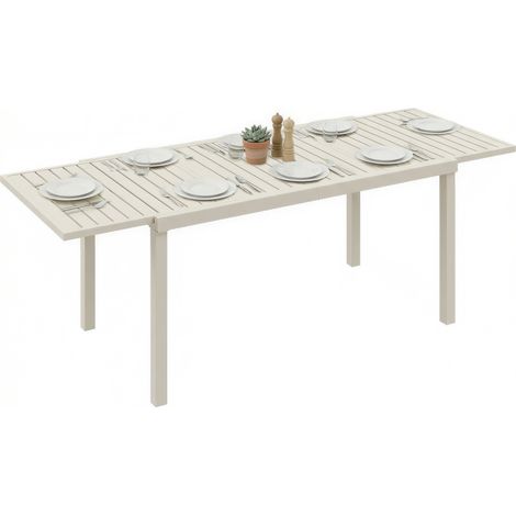 Outsunny mesa de jardín extensible 150/225x85x75 cm, mesa de comedor exterior extensible de aluminio con tablero de listones para 6-8 personas, blanco