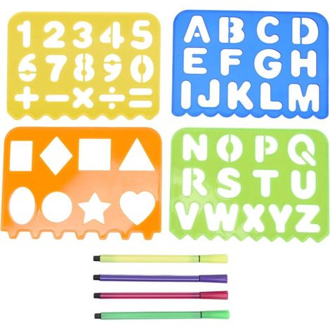 Kit de pochoirs pour enfants avec chiffres, lettres et formes - Règle, stylo et papier blanc inclus - Outil éducatif créatif (1/5)