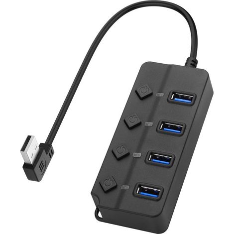 Concentrador/divisor USB con ángulo de 90 grados - Concentrador de datos USB 2.0 con interruptor de encendido/apagado independiente - Puerto de alimentación DC 5.5  2.1 - Apto para portátiles y ordena (1/5)
