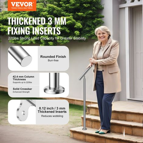Main Courante Escalier, 100 cm, Rampe d'Escalier pour Marches Extérieures en Acier Inoxydable, avec Kit d'Installation, Barre d'Appui à Double Colonne, pour Personnes Âgées, Porche, Terrasse (1/5)