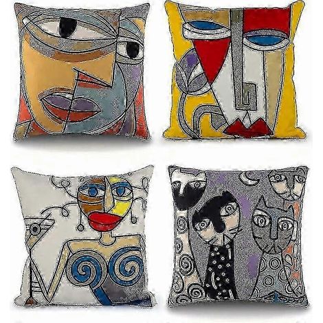 Ensemble de 4 housses de coussin Picasso 45x45 cm, brodées en coton et lin, pour canapé, salon, chambre, bureau ou fauteuil. Décoration scandinave. (1/5)