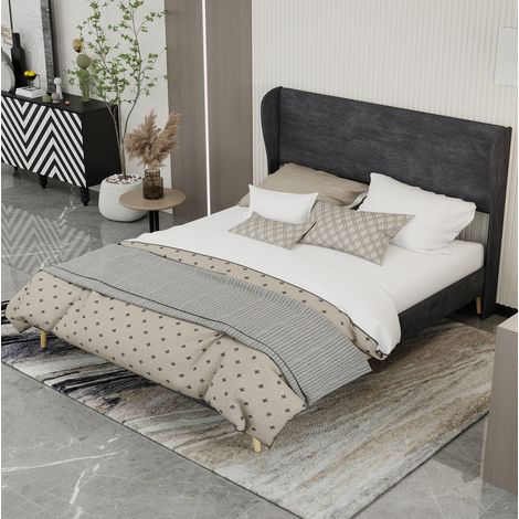 Letto adulto 160x200 cm con testiera morbida e rete a doghe, in velluto grigio, materasso non incluso (1/5)