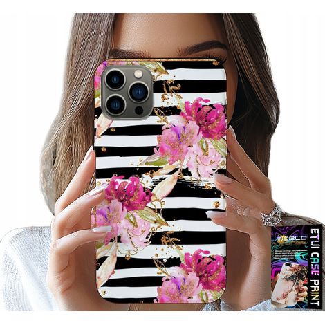 Funda para iPhone 13 Pro Max - Estampado de flores y rayas blancas y negras (1/5)