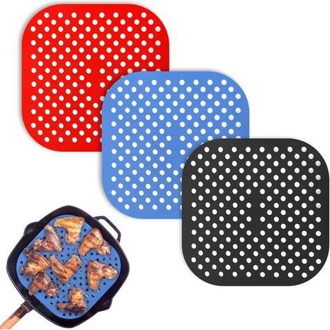 Lot de 3 tapis de cuisson en silicone pour friteuse à air chaud - 21,5 x 21,5 cm - Rouge, bleu et noir (1/5)