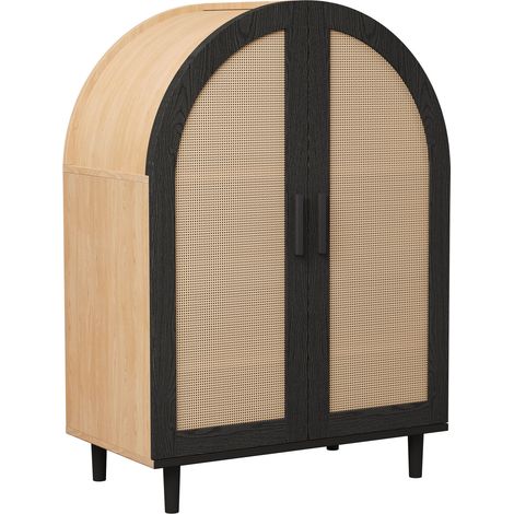 Sideboard élégant avec 2 portes en rotin, 3 étagères réglables et pieds métalliques noirs (1/5)
