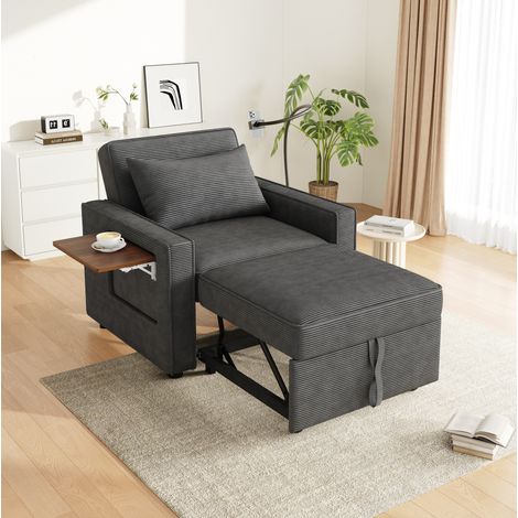 Sofá cama 1 plaza 93x150x85 cm gris de pana con USB, Type-C, soporte para móvil y mesa lateral (1/5)