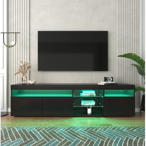 Mobile TV in MDF nero lucido con inserto in vetro e LED multicolore, 180x35x48 cm, 3 ante con spazio contenitivo (1/5)