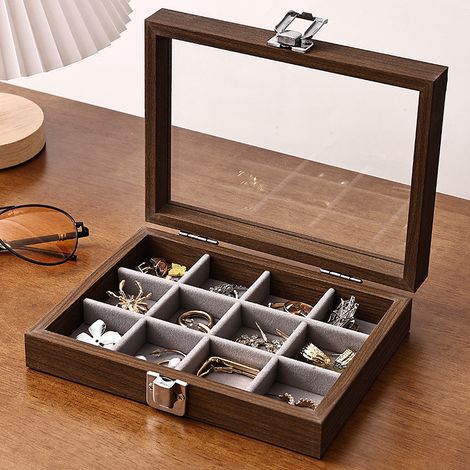 Boîte à bijoux en bois avec 12 compartiments pour bagues, boucles d'oreilles et colliers (marron foncé) (1/5)