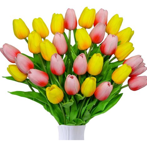 10 tulipanes artificiales de color rosa: de aspecto realista al tacto, ideales para la decoración del hogar, la oficina, bodas o fiestas. Set de regalo perfecto para el Día de la Madre.