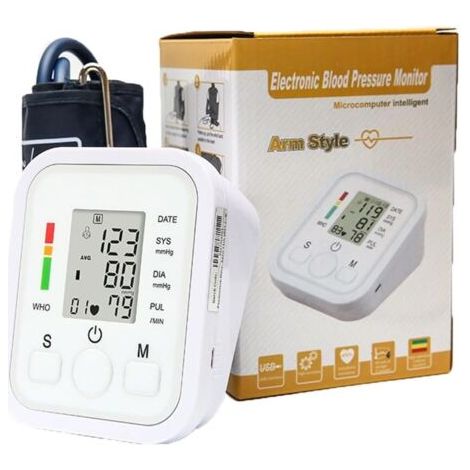 Tensiomètre électronique pour bras – Écran LCD rétroéclairé – Mémoire 99 données pour 2 utilisateurs – Brassard réglable avec indicateurs de risque
