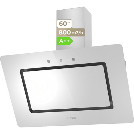 EVVO Campana Extractora 60 cm de Ancho Decorativa, Potencia 800 m³/h, Filtro Aluminio y Carbón Activo, Control Táctil y Gestual, Eficiencia Energética A++, CE43 Cristal White