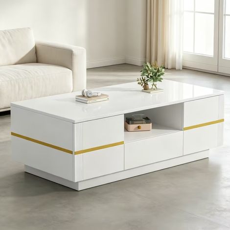 Modernluxe - Table basse moderne 100x50x35,5 cm - Avec éclairage LED - 2 portes et 1 tiroir - Finition brillante - MDF - Blanc (1/5)