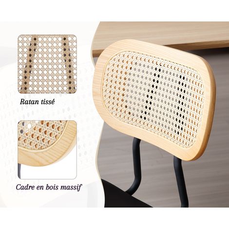 Wahson Lot de 2 chaises en bois noir – Dossier en rotin – Coussins en cuir PU – Pieds métalliques robustes – Chaise salle à manger vintage