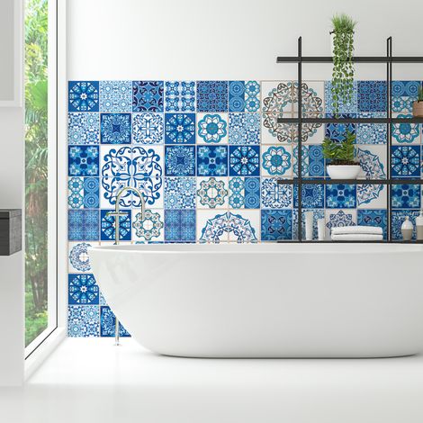 Sticker Mural Carrelage adhésif Cuisine Salle de Bain - 60 STICKERS CARREAUX DE CIMENT AZULEJOS SERAFINA - 60stickers10x10cm (1/5)