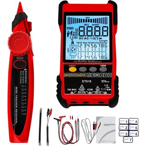 Testeur de câbles réseau ET618PRO : doté d'un écran LCD, d'une fonction de test PoE, de fonctions multimètre, d'une sensibilité réglable et d'une capacité de mesure de la longueur des câbles allant ju (1/5)