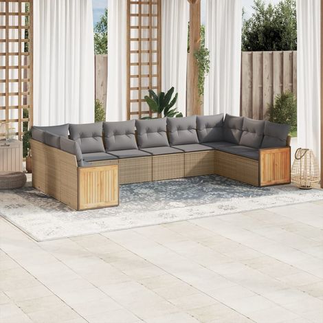 Ensemble Salon Jardin 10 Places Résine Tressée Beige - Canapé d'Angle, Siège Central avec Accoudoirs et Coussins Gris Lavables (1/4)