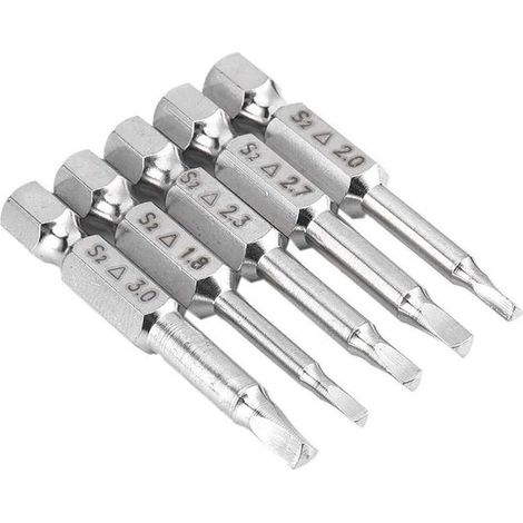 Juego de 5 puntas de destornillador magnéticas triangulares de acero S2 de 1,8 mm, 2 mm, 2,3 mm, 2,7 mm, 3 mm y 6,35 mm con vástago hexagonal y longitud de 50 mm. (1/5)