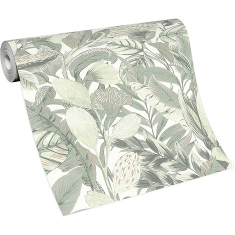 Papier peint intissé feuillage vert crème – Tapisserie décorative pour salon, chambre et bureau – Résistant à l'humidité – Bricoflor (1/4)