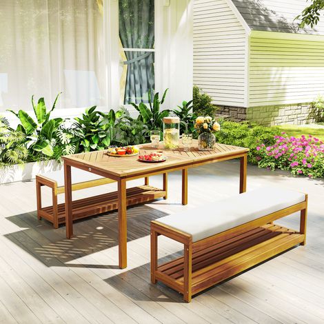 Set di mobili da giardino composto da 3 pezzi, con 1 tavolo da pranzo con foro per ombrellone e 2 panchine. Dimensioni: 150 x 85 x 75 cm. Legno di teak.