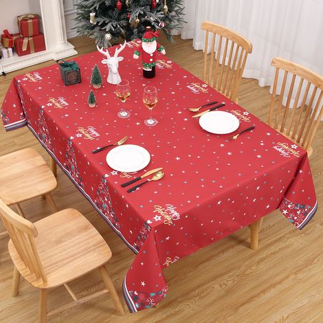 Nappe de Noël 137x201cm rectangulaire, déperlante, motif sapin et étoiles (1/5)