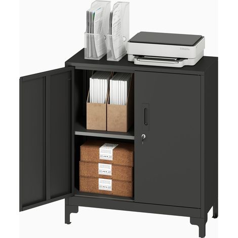 Armario de oficina metálico con puertas con cerradura, 2 niveles, color negro