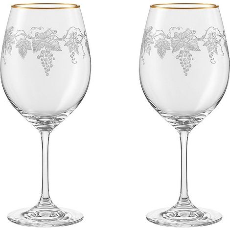 Lot de 2 Verres à Vin Gravés Motif Vigne avec Liseré Doré en Verre Transparent et Or - PANGIVO (1/3)