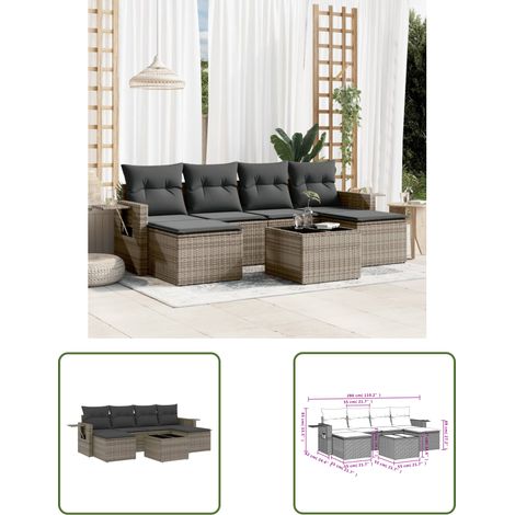 The Living Store Salon de jardin avec coussins 7 pcs gris résine tressée - Ensemble Salon De Jardin - Meuble Extérieur - Jardin Design - Mobilier De Jardin - Chaise Lounge